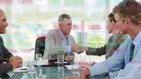 animation of stock market data processing over diverse businesspeople shanking hands at office