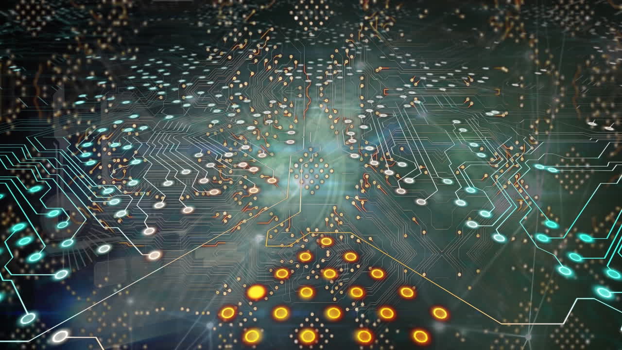 Animation of computer circuit board over network of connections on black background