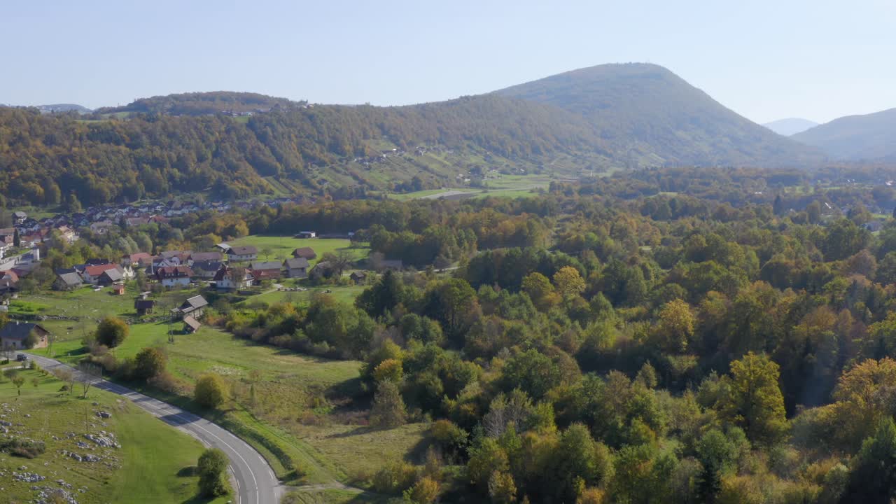 bosque con montañas en el fondo en un día soleado con destello de lente