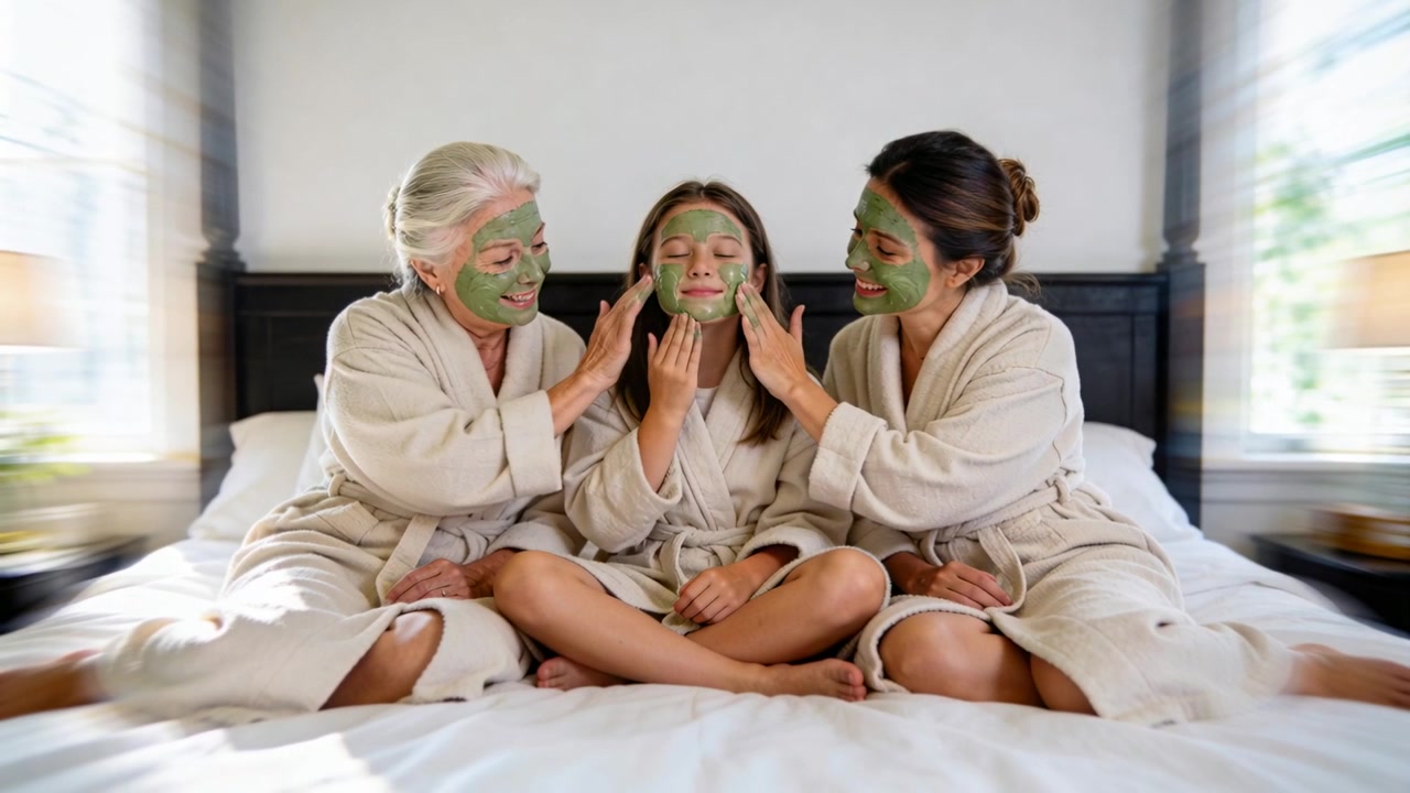 Starting spa, grandma and mom smoothing green facial mask on teen on bed, wearing robes, bonding