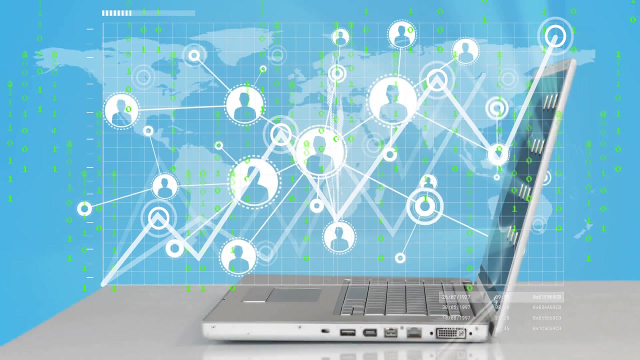 Hand tapping laptop key initiating map grid, rising chart and profile icons connecting into network