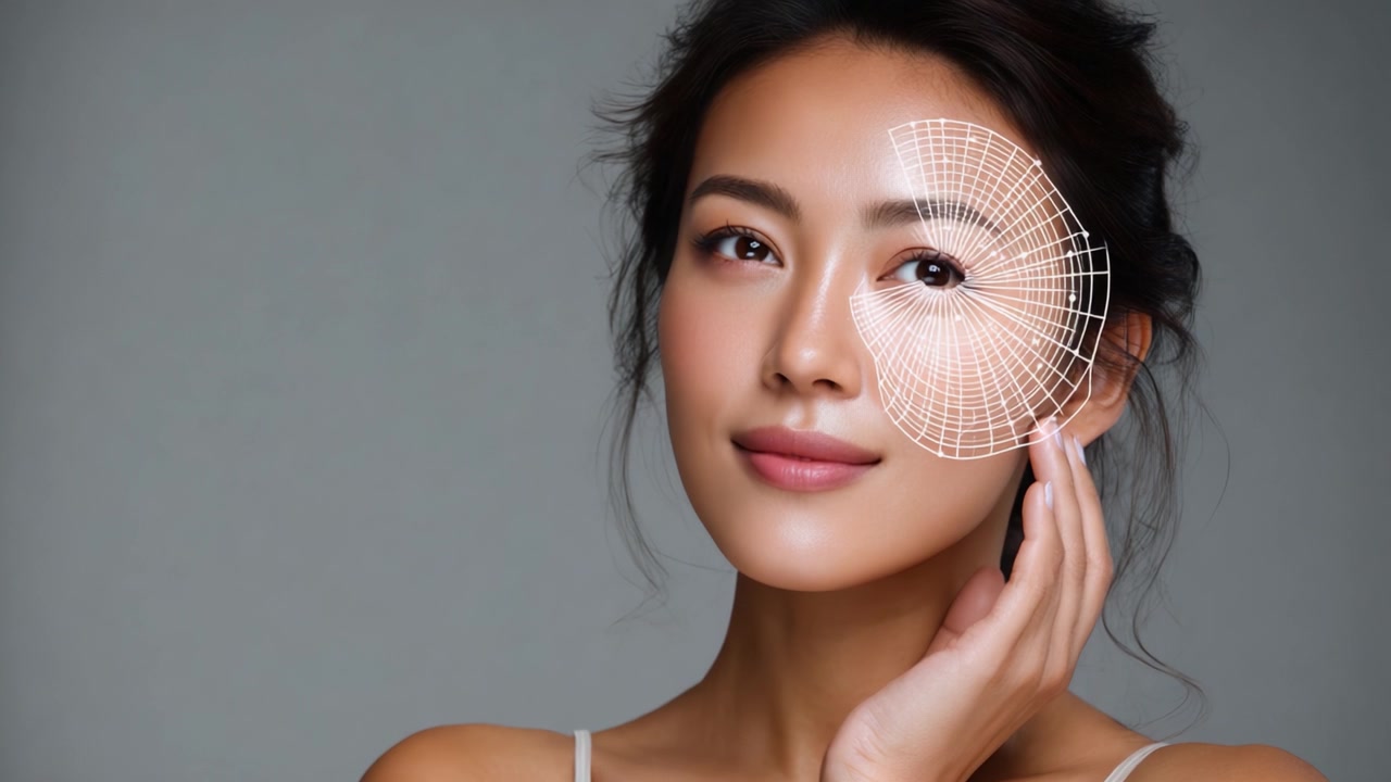 Esplorando la moderna tecnologia di riconoscimento facciale attraverso una visualizzazione artistica di una giovane donna con motivi geometrici sul viso.