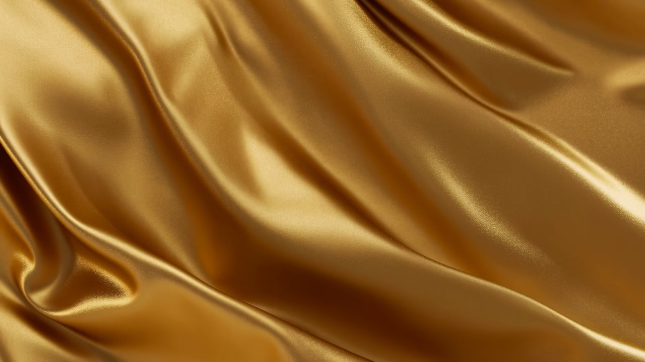 Gold Satin Fabric Rippling Slowmotion, Luxurious Shimmering Folds And Soft Highlights Create Elegant Motion