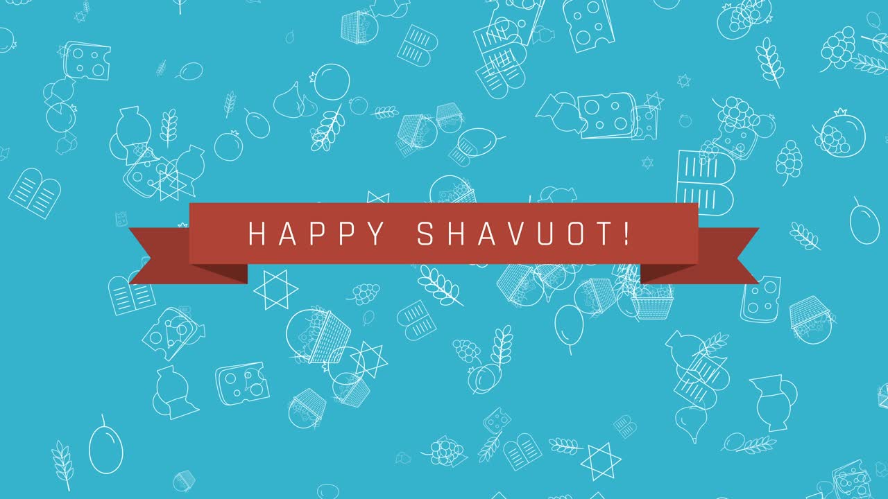 전통적인 윤 아이콘 기호와 영어 텍스트와 함께 shavuot 휴가 평면 디자인 애니메이션 배경