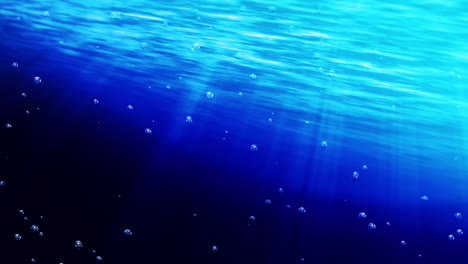 bubbles underwater rising to water surface. blue ocean illuminated the bright rays. water bubbles in the sea. loop animation.