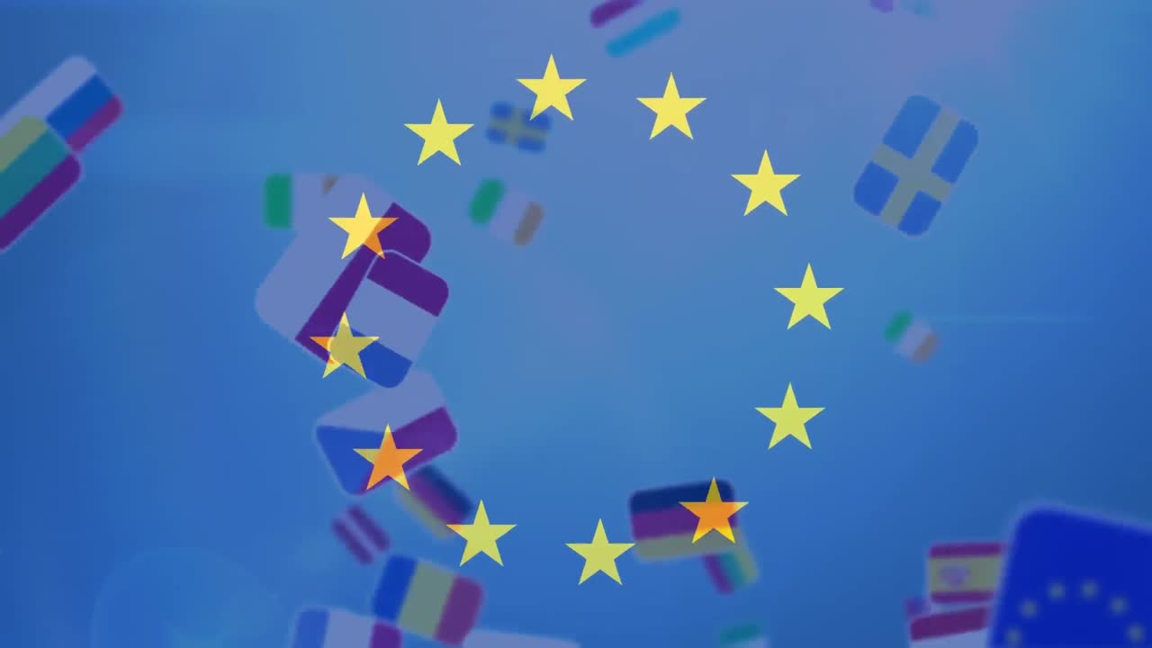 Animazione di stelle gialle a cerchio su varie bandiere che cadono sullo sfondo
