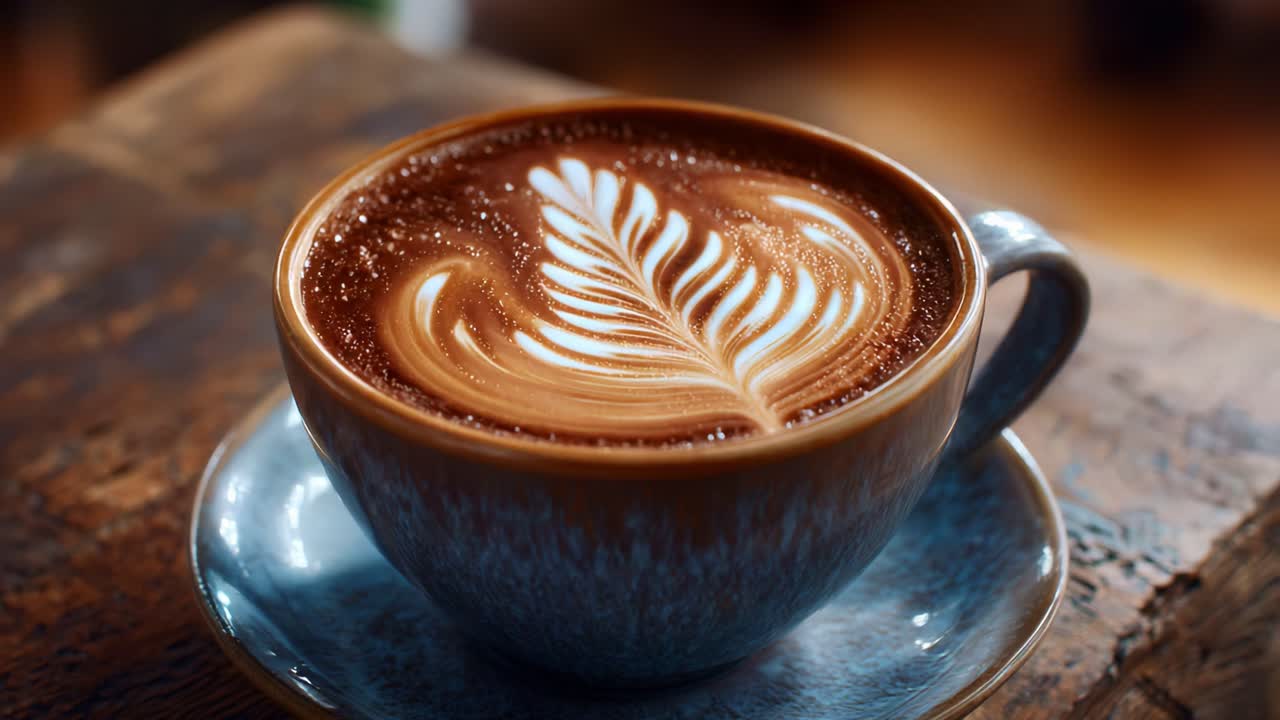 Aesthetic Cup of Coffee with Beautiful Latte Art Depicting a Leaf Design, Perfectly Crafted on a Cozy Wooden Surface, Inviting and Warm Atmosphere