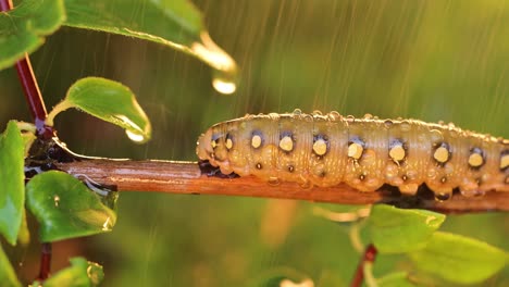 La-Polilla-Halcón-De-Paja-De-Oruga-Se-Arrastra-Sobre-Una-Rama-Durante-La-Lluvia.-La-Oruga-(hyles-Gallii),-La-Polilla-Halcón-De-Paja-O-Esfinge-De-Galium,-Es-Una-Polilla-De-La-Familia-Sphingidae.