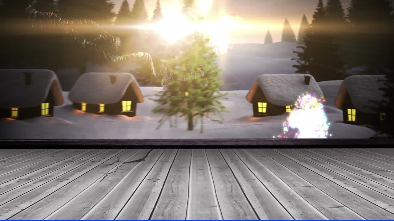 Animation einer Sternschnuppe über Winterlandschaft und Holzbrettern