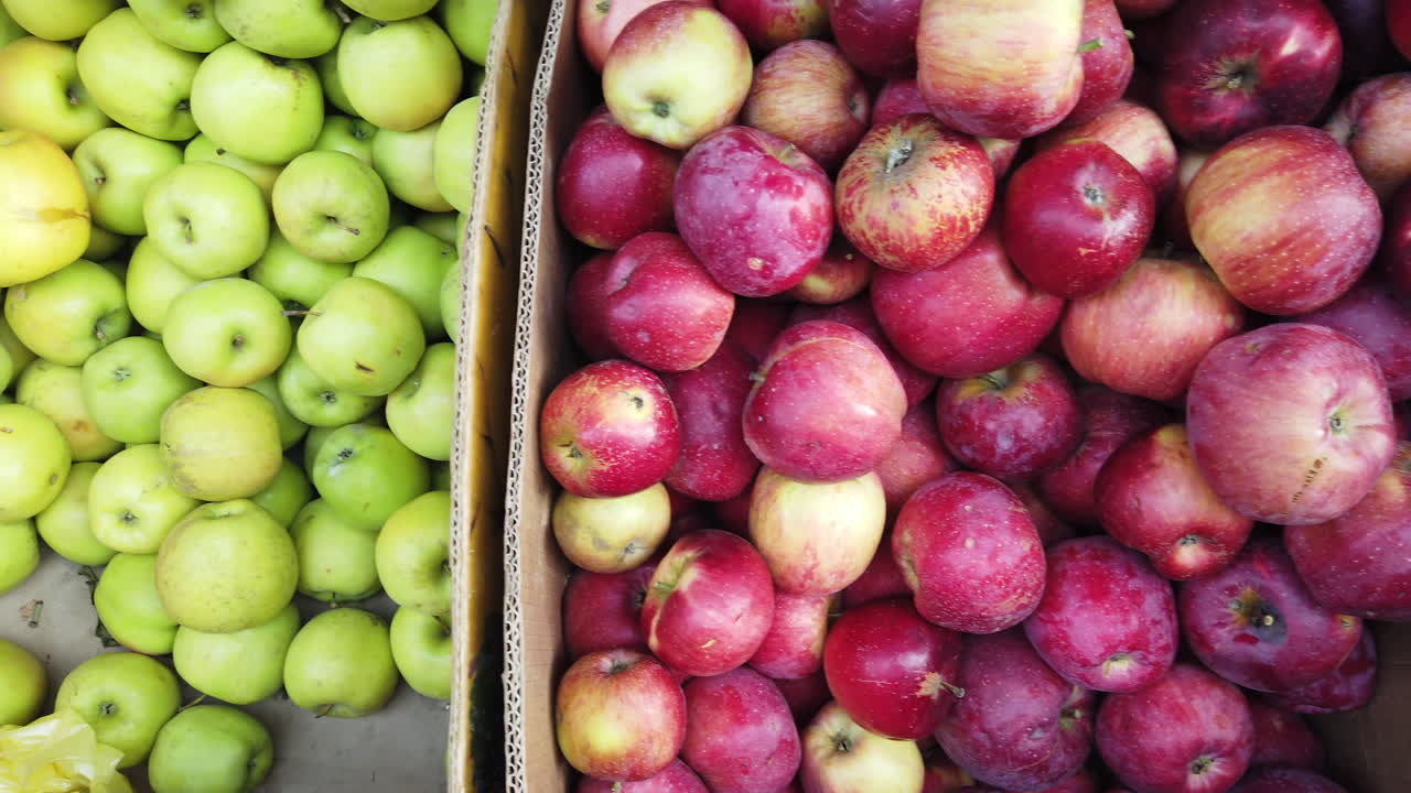 Fresh red and green apples arranged side by side in cardboard boxes at a market