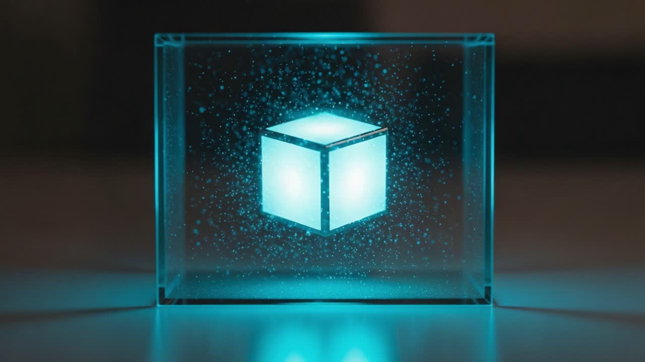 A mesmerizing glowing cube encased in a transparent block, creating an ethereal visual effect with its light and cascading particles surrounding it