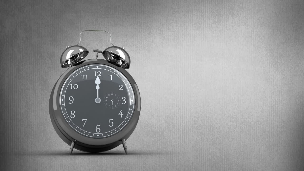 회색 배경에 빠르게 움직이는 검은색과  ⁇ 색의 레트로 알람 시계의 애니메이션