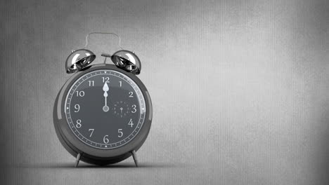 animación de reloj de alarma retro en blanco y negro que se mueve rápido sobre un fondo gris
