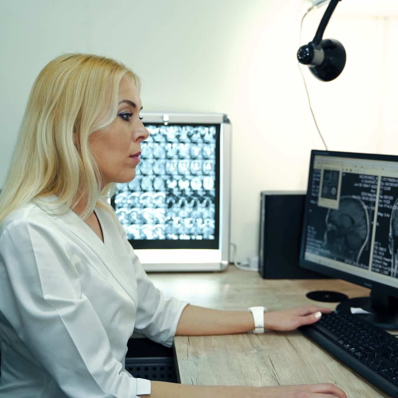 Blonde female medic sitting at table looking at the screens of computers. Doctor checking the results of MRI diagnostics creating the diagnosis conclusion