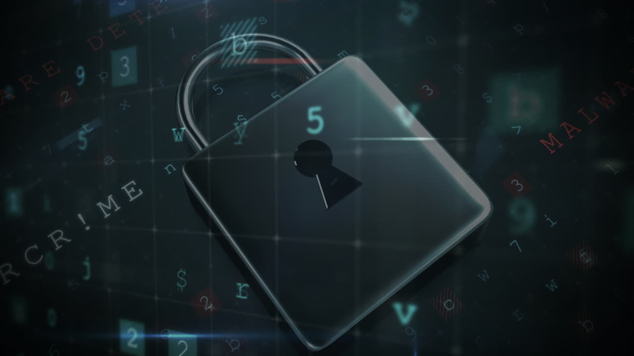animación del candado de seguridad sobre el procesamiento de datos en fondo oscuro