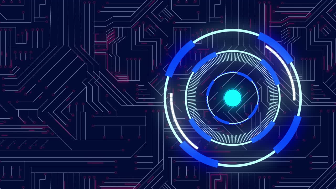 Animation of neon round scanner spinning over microprocessor connection on blue background