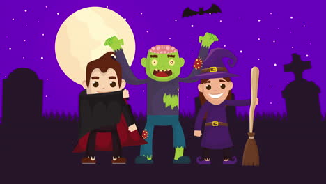 escena oscura de halloween con un grupo de monstruos en el cementerio