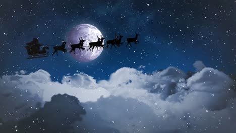 animation of santa claus in sleigh with reindeer over winter scenery with snow falling