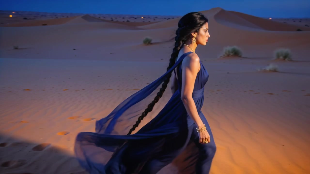 Una modella in abito blu cammina via da una roccia attraversando le dune, con la treccia del velo che strascica, spazio per il testo.
