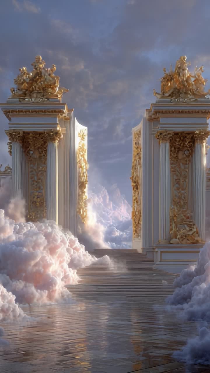Ti aspetta un ingresso maestoso: porte dorate fiancheggiate da nuvole conducono a un orizzonte mistico, pieno di luce soffusa e paesaggi da sogno