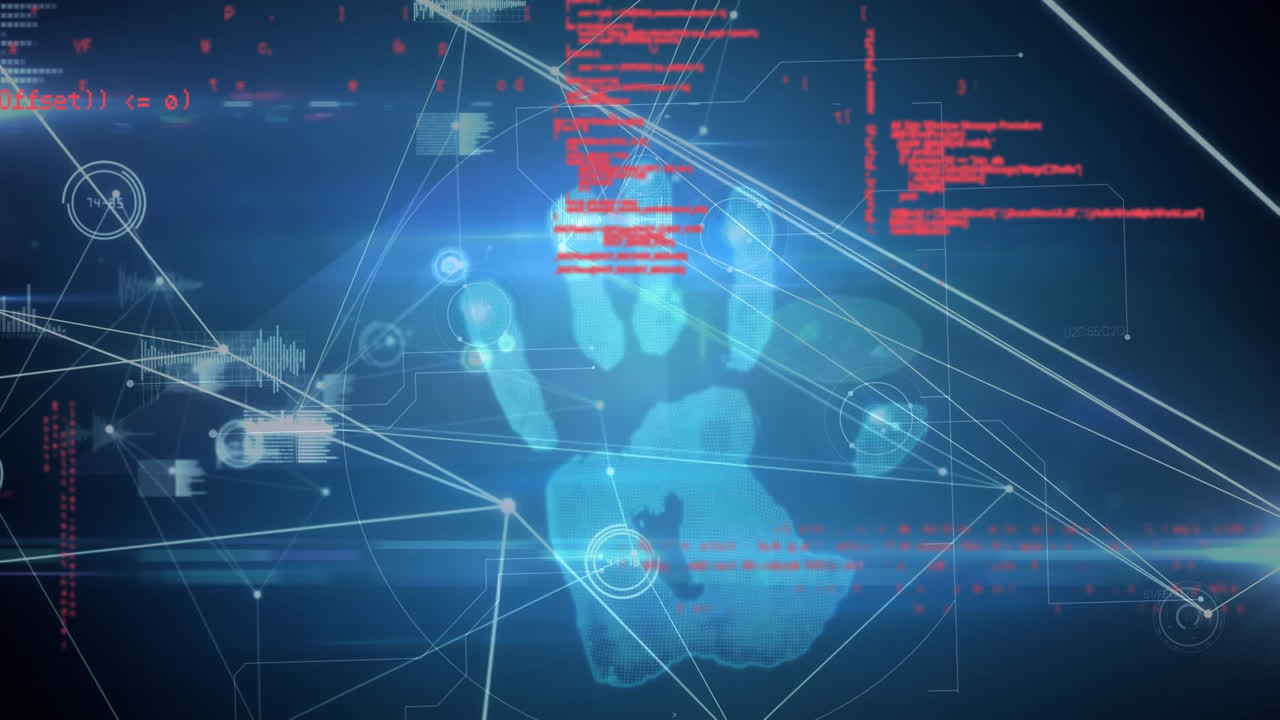 animación de la red de conexiones y procesamiento de datos contra el escaneo manual en fondo azul