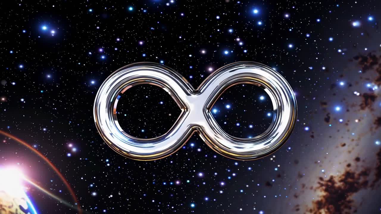 Glossy infinity symbol floating in deep space with stars and Earth in the background, representing concepts of cosmic infinity, transformation, and endless possibilities