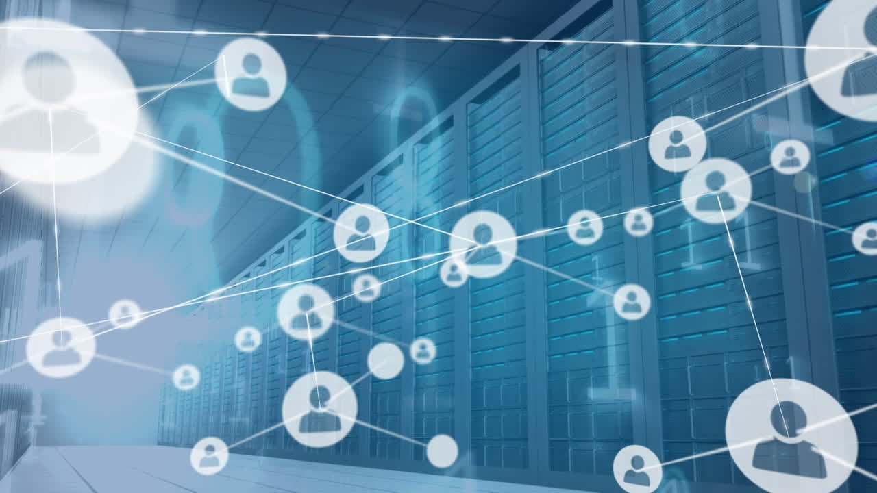Animation of network of profile icons and binary coding against computer server room