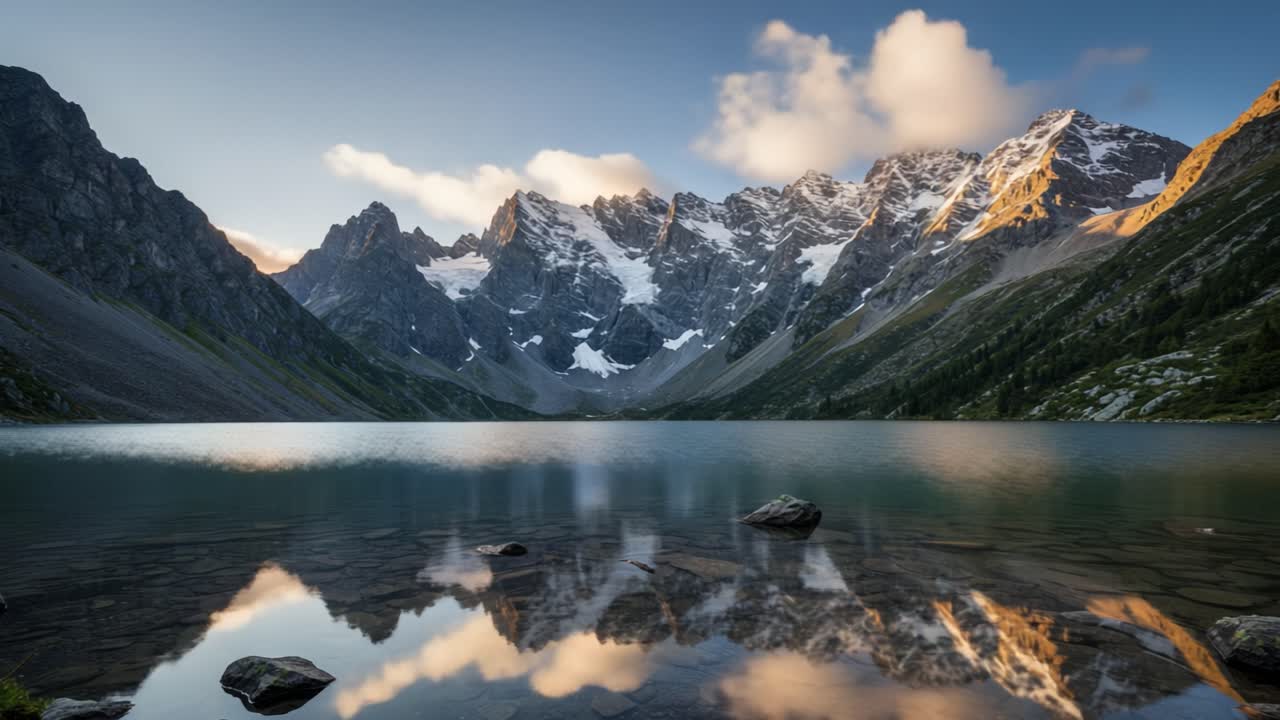 A breathtaking view unfolds as the sun rises over a stunning mountain range. The peak illuminated by soft golden light contrasts beautifully with the deep blues of the lake below. The still water perfectly mirrors the jagged mountain silhouettes, creating a tranquil atmosphere. Surrounded by lush gr