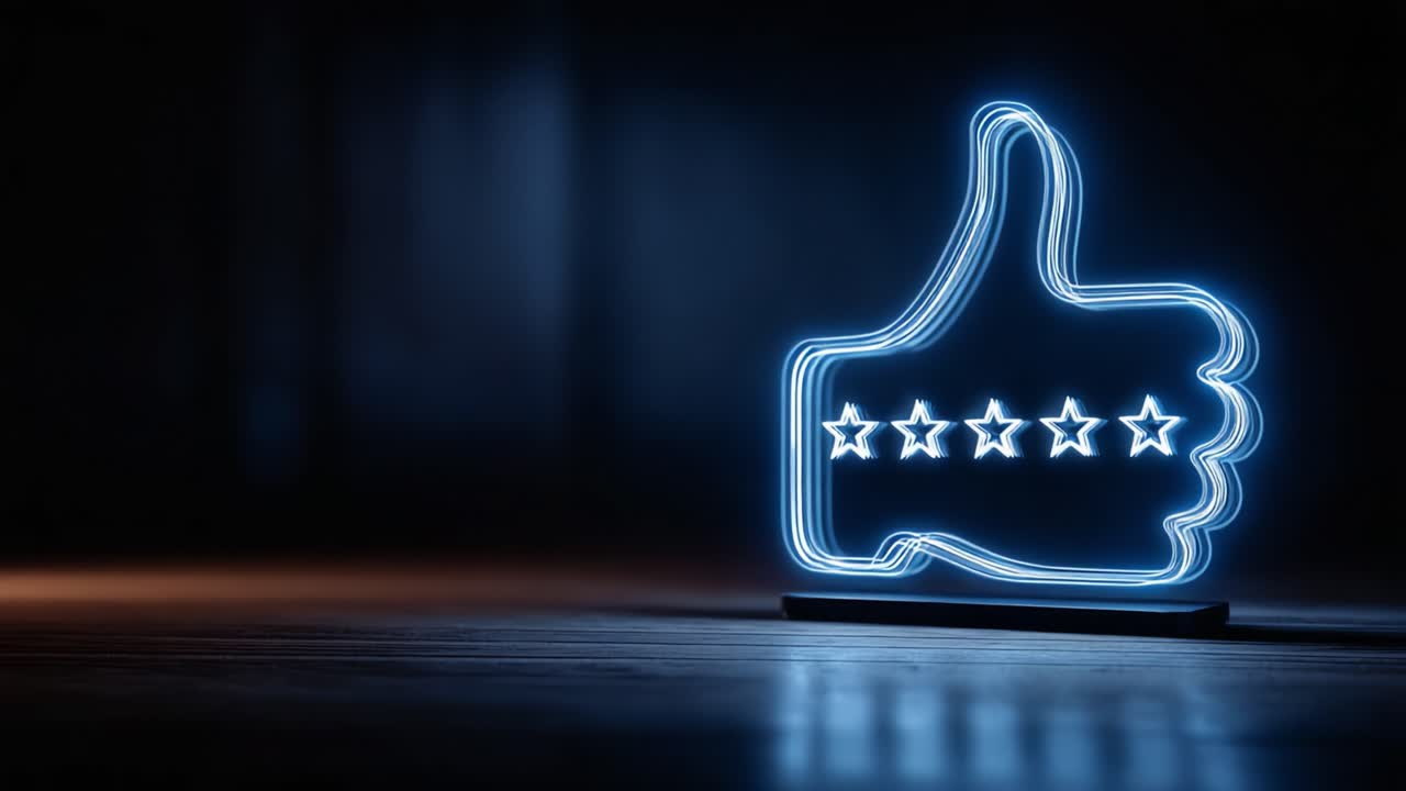 Illuminated Neon Hand Gesture Symbolizing Approval and Positive Feedback with Five-Star Rating Shining Brightly Against a Dark Background