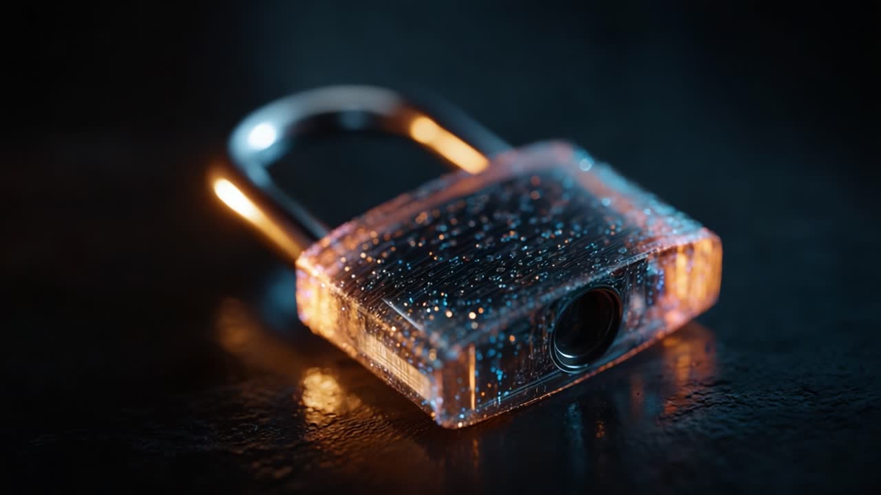 A Stunning Close-Up of a Transparent Padlock Glimmering with Water Droplets on a Dark Surface, Perfect for Exploring Themes of Security and Protection