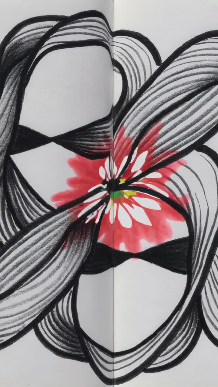 Video verticale: Un artista aggiunge pittura a un libro sulla scrivania dopo una base rossa centrale, colorando l'opera con un pennello.