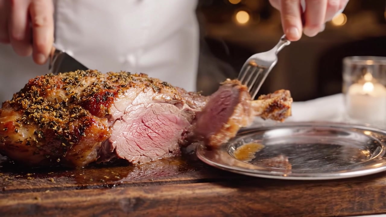 Un succulento cosciotto d'agnello arrosto, cucinato e intagliato alla perfezione, ideale per gli appassionati di gastronomia, che mostra l'arte culinaria in un'elegante atmosfera da pranzo