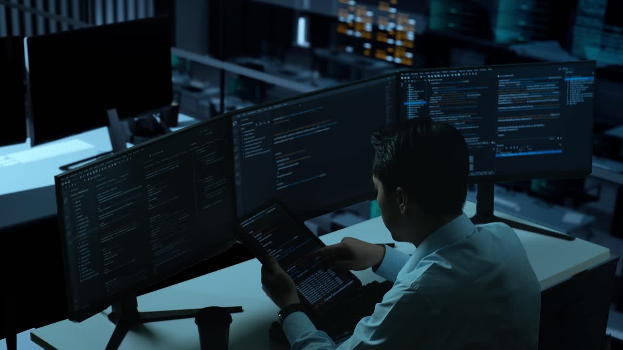 vista lateral de un desarrollador asiático trabajando con una tableta mientras escribe código con múltiples pantallas de computadora en la oficina