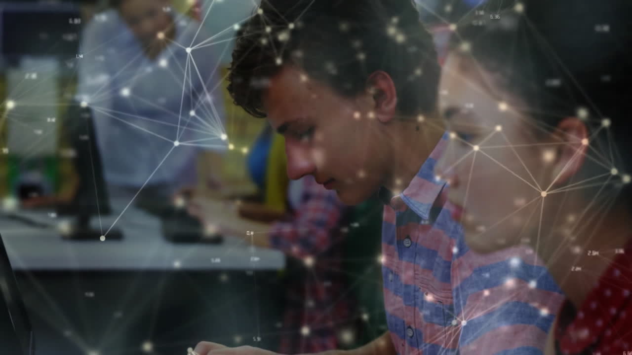 animazione di una rete di connessioni tra diversi scolari che utilizzano i computer