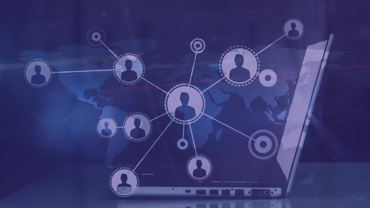 Animation of connections with data processing over laptop and world map