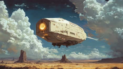 a futuristic spacecraft hovers over a desert landscape.