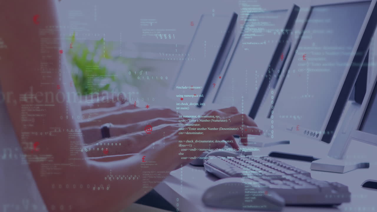 Hands typing code overlaying monitors, showcasing programming workflow in flat design