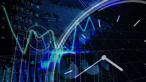 Animación-Del-Conteo-De-Gráficos-Financieros-Y-Mapa-Mundial-Sobre-El-Reloj-Sobre-Fondo-Marino