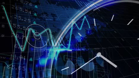 animation of counting over financial graphs and world map over clock on navy background