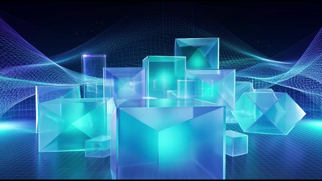 Abstract Digital Background with Glowing Blue Glass Cubes and Data Grid