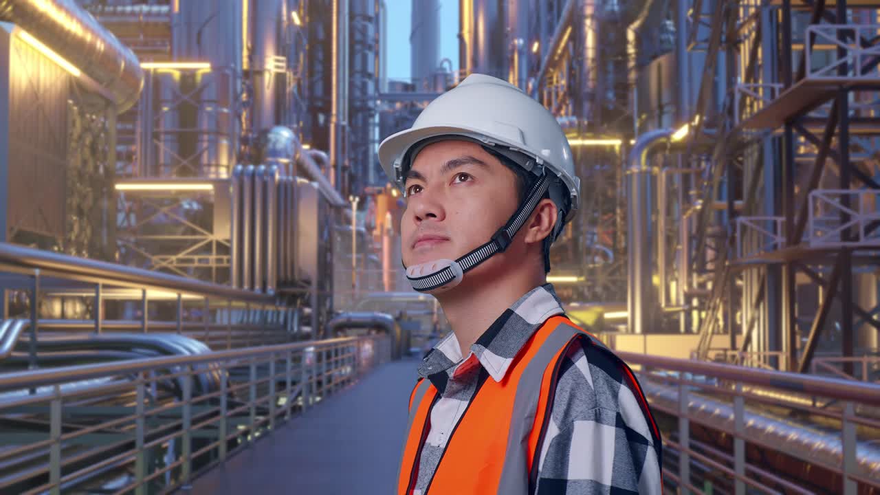 Close Up Side View Of Asian Male Engineer With Safety Helmet Looking Around While Standing At A Vast Oil Refinery