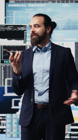 vertical video executive chief uses telephone call to coordinate big data analysis