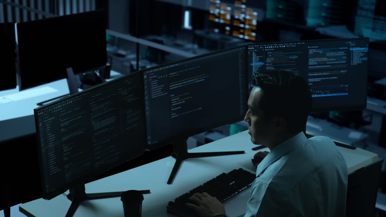 vista lateral de un desarrollador asiático que usa una computadora para escribir código con múltiples pantallas en la oficina