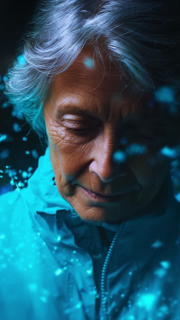 Un momento di riflessione: un'anziana signora che contempla la vita circondata da un'aura blu onirica e particelle eteree, catturando l'essenza della saggezza e dell'esperienza