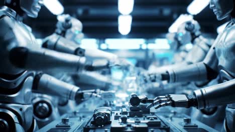 advanced robotics collaboration in manufacturing: a stunning display of precision and efficiency as robots assemble components in a high-tech environment
