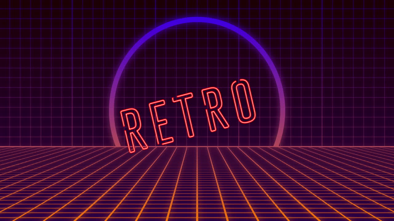 네온 원과 그리드 위에 네온 문자로 움직이는 레트로 텍스트의 애니메이션