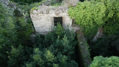 recorrido aéreo de camiones a lo largo de las ruinas del monasterio escondido en lo profundo del bosque de españa