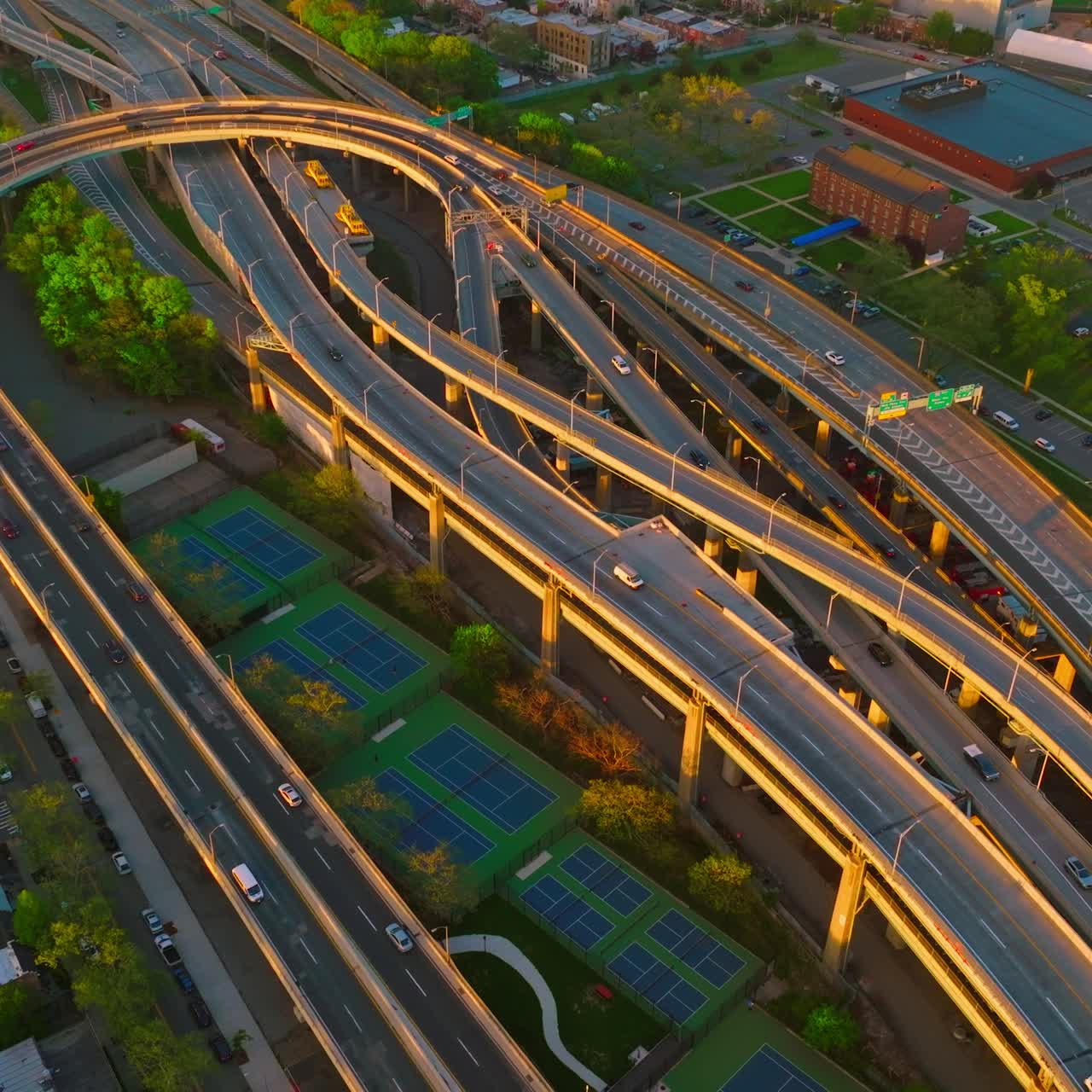 Twirling motorways with cars running over. Busy roads amidst the city. View from top