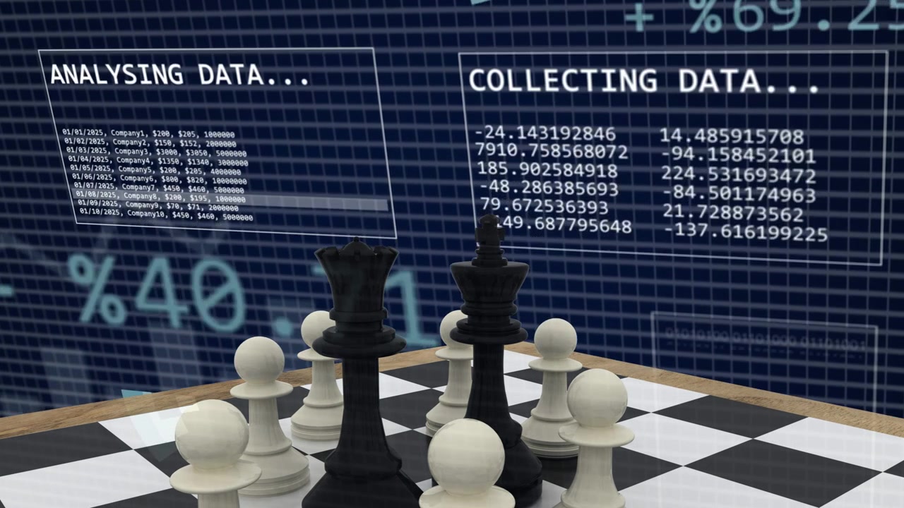Pasta grafik belirip dönerken, veri toplayan ve analiz eden satranç kümesi gösteriliyor