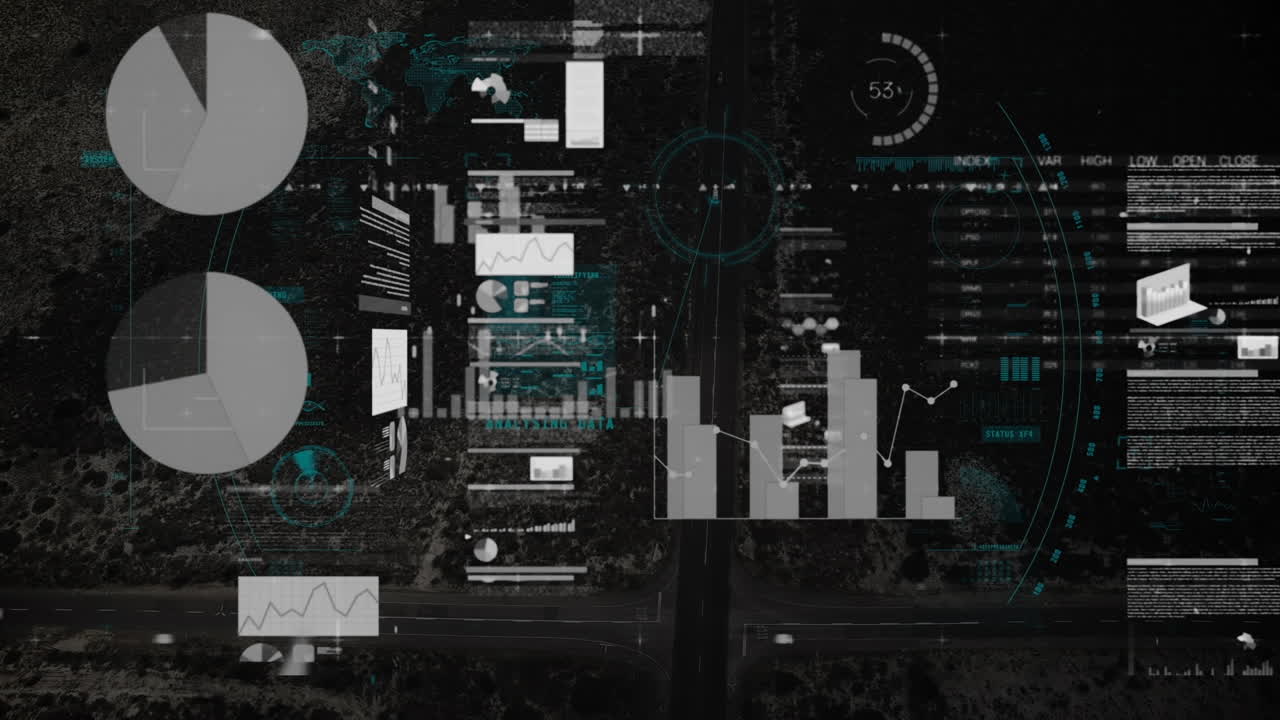 Animation of financial data processing over scope scanning and cityscape
